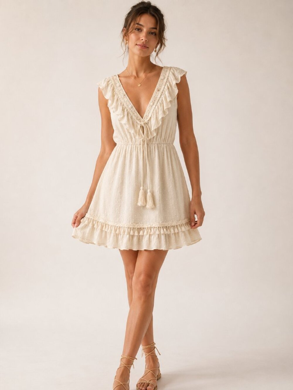 Azara Paris Cream Boho Ruffle Tassel Mini Dress S/M